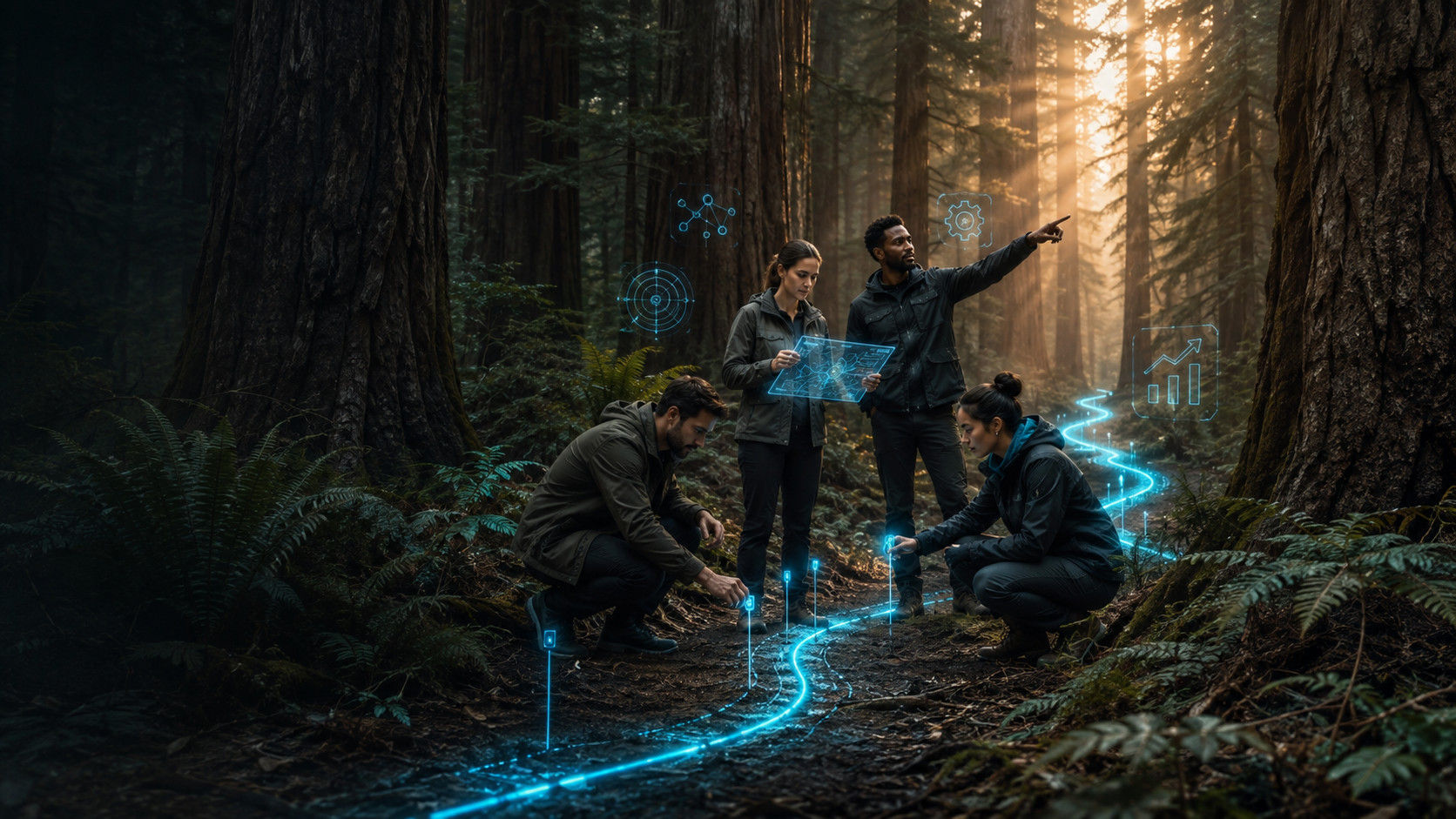 Un equipo construye una ruta digital iluminada entre árboles monumentales