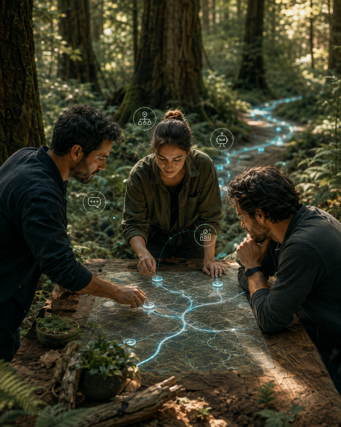Tres personas diseñan juntas un ecosistema digital conectado en el bosque