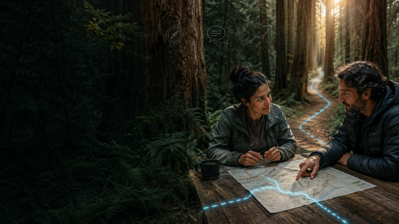 Dos personas conversan y trazan juntas una ruta digital en medio de un bosque
