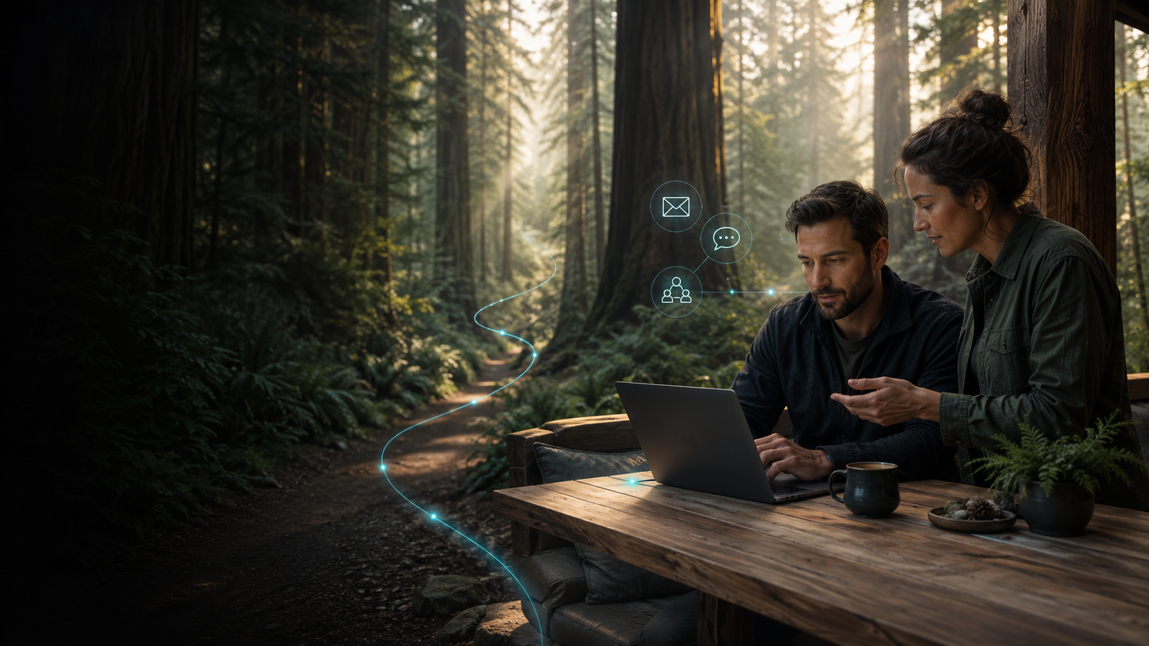 Dos personas responden mensajes y conversan sobre una ruta digital en el bosque