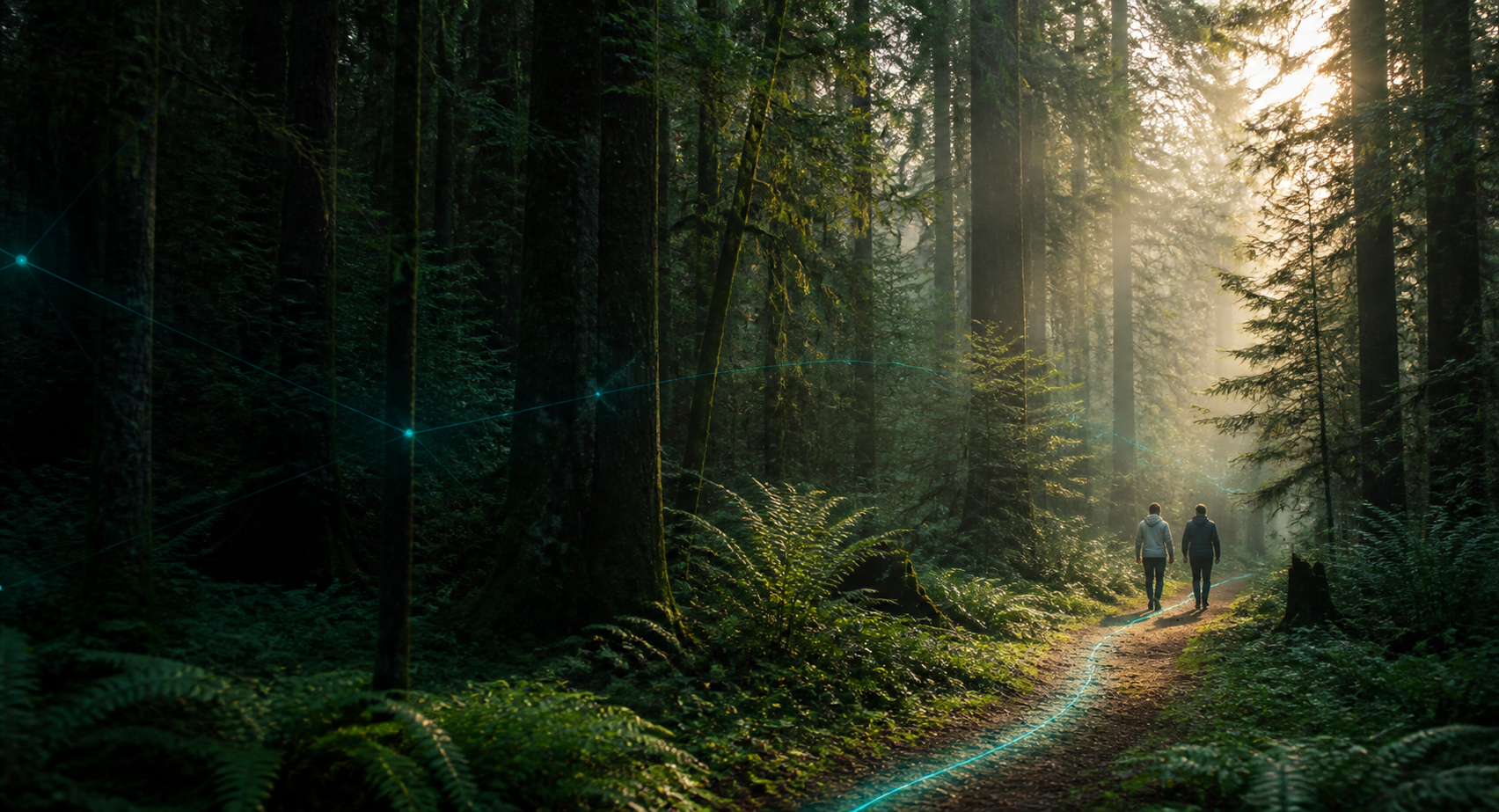Dos personas caminan con tranquilidad por una ruta protegida en el bosque
