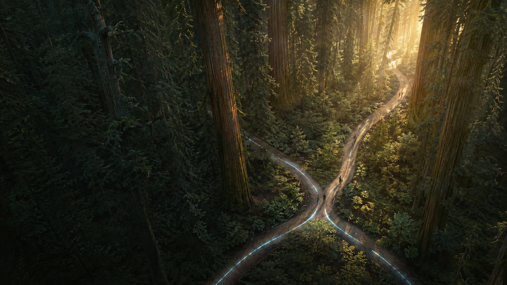 Rutas iluminadas convergen entre árboles gigantes y avanzan hacia un horizonte de luz.