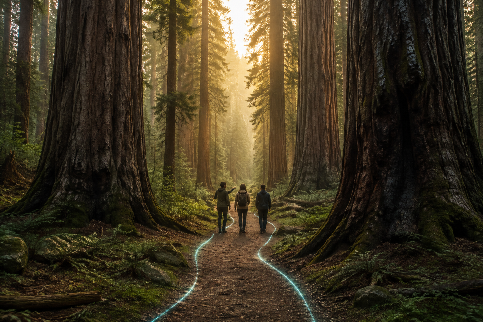 Tres personas caminan juntas por una ruta luminosa entre grandes árboles, acompañándose hacia el mismo destino.
